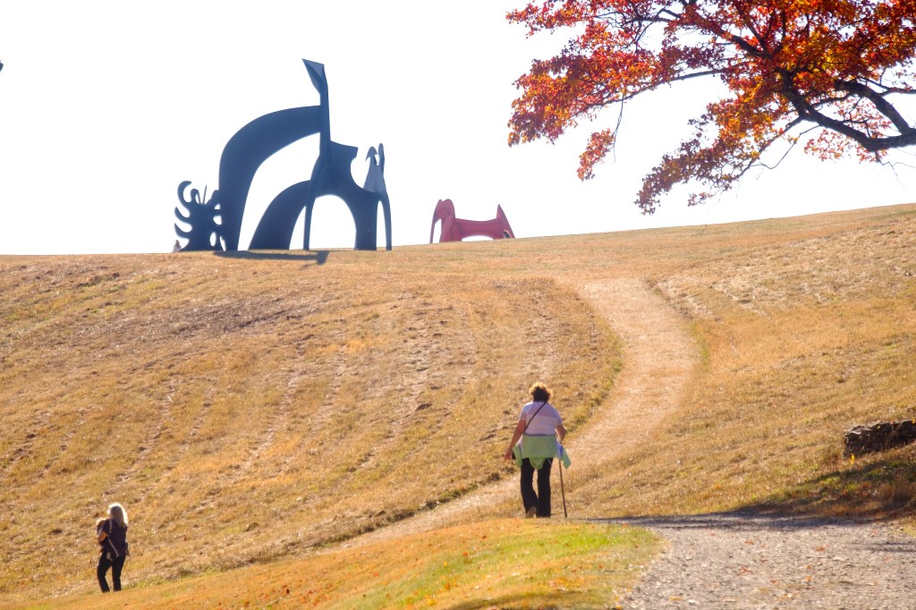 People walking by a hill adorned with sculptures by Alexander Calder at the Storm King Art Center during autumn